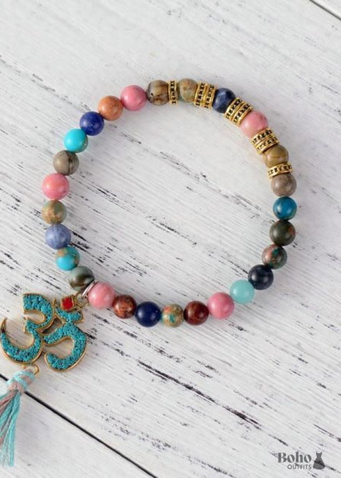 Boho Bracelet, Stretch Yoga Mala Bracelet, Natural Stone Tibetan OM 6 Colors